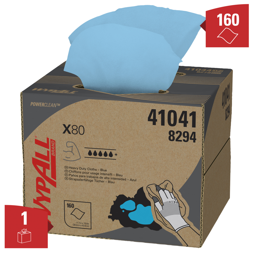 Chiffons WypAll® X80 8294 - 1 boîte distributrice BRAG™ de 160 chiffons bleus, 1 épaisseur;Chiffons de nettoyage bleus WypAll® X80 Power Clean™ 8294 – Chiffons réutilisables – 1 boîte BRAG™ de 160 chiffons absorbants bleus - 8294