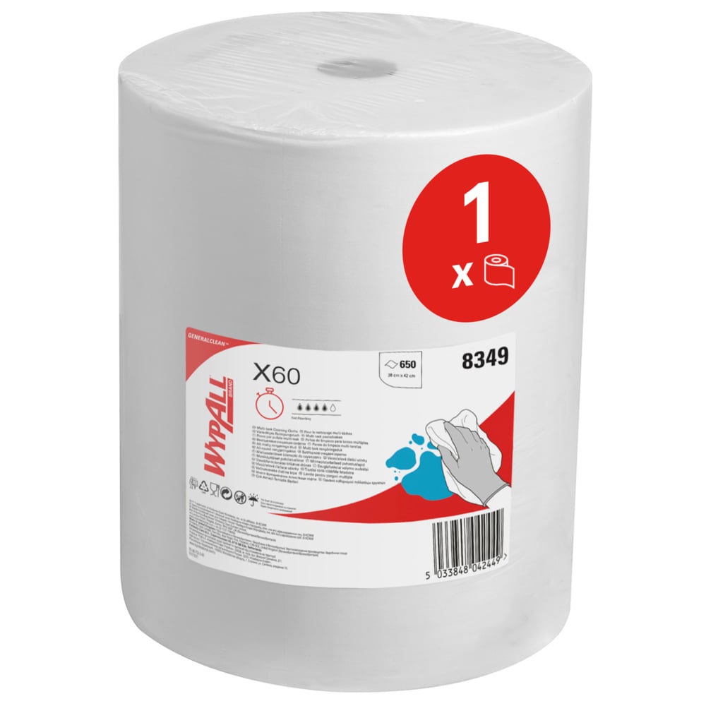 Chiffons multifonctions WypAll® X60 General Clean™ 8349 - Chiffons absorbants réutilisables - 1 grand rouleau x 650 chiffons blancs de nettoyage industriel - 8349