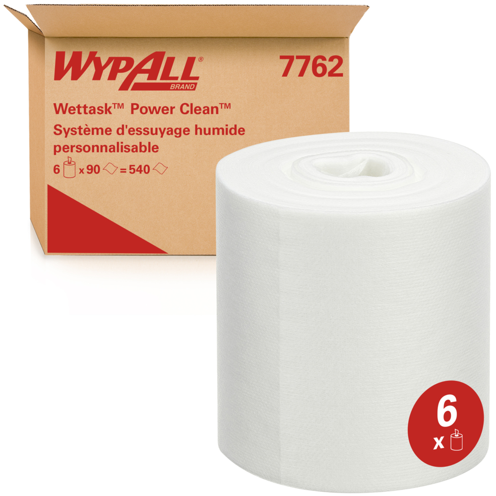 Essuyeurs WypAll® Wettask™ pour solvants 7762 - Essuyeurs industriels - 6 rouleaux x 90 essuyeurs de nettoyage blancs (540 pièces au total);Essuyeurs WypAll® Wettask™ Power Clean™ pour solvants 7762 - Essuyeurs industriels - 6 rouleaux x 90 essuyeurs de nettoyage blancs (540 pièces au total) - 7762