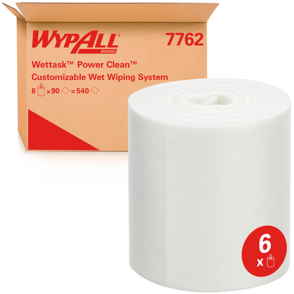 WypAll® Wettask™ Power Clean™ Wipes For Solvents 7762 - Industrial Wipers - 6 Rolls x 90 White Cleaning Wipes (540 Total) - 7762