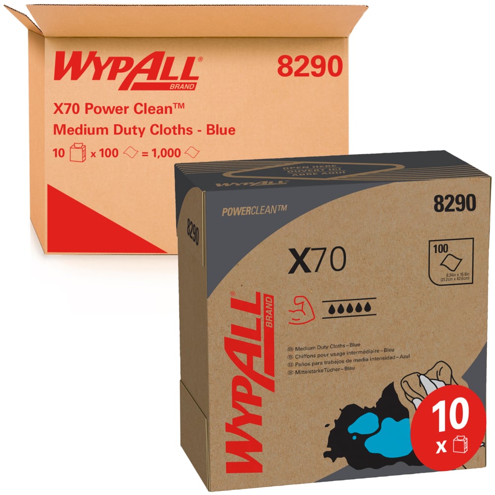 WypAll® X70 Power Clean™ blaue Reinigungstücher 8290 – wiederverwendbare Tücher – 10 POP-UP™-Boxen x 100 saugfähige Tücher, blau (insges. 1000);WypAll® X70 Reinigungstücher 8290 – 10 Zupfboxen mit je 100 blauen, 1-lagigen Tüchern