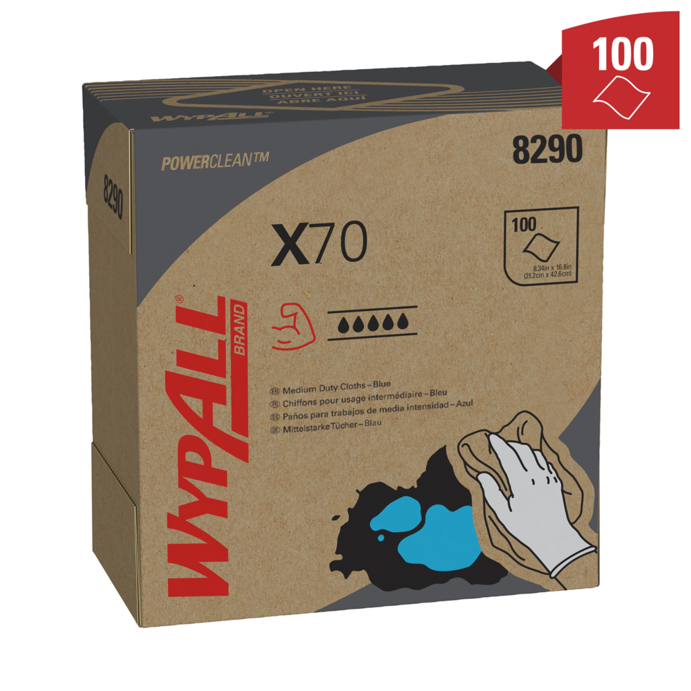 Chiffons de nettoyage bleus WypAll® X70 Power Clean™ 8290 – Chiffons réutilisables – 10 boîtes POP-UP™ de 100 chiffons absorbants bleus (1 000 au total) - 8290