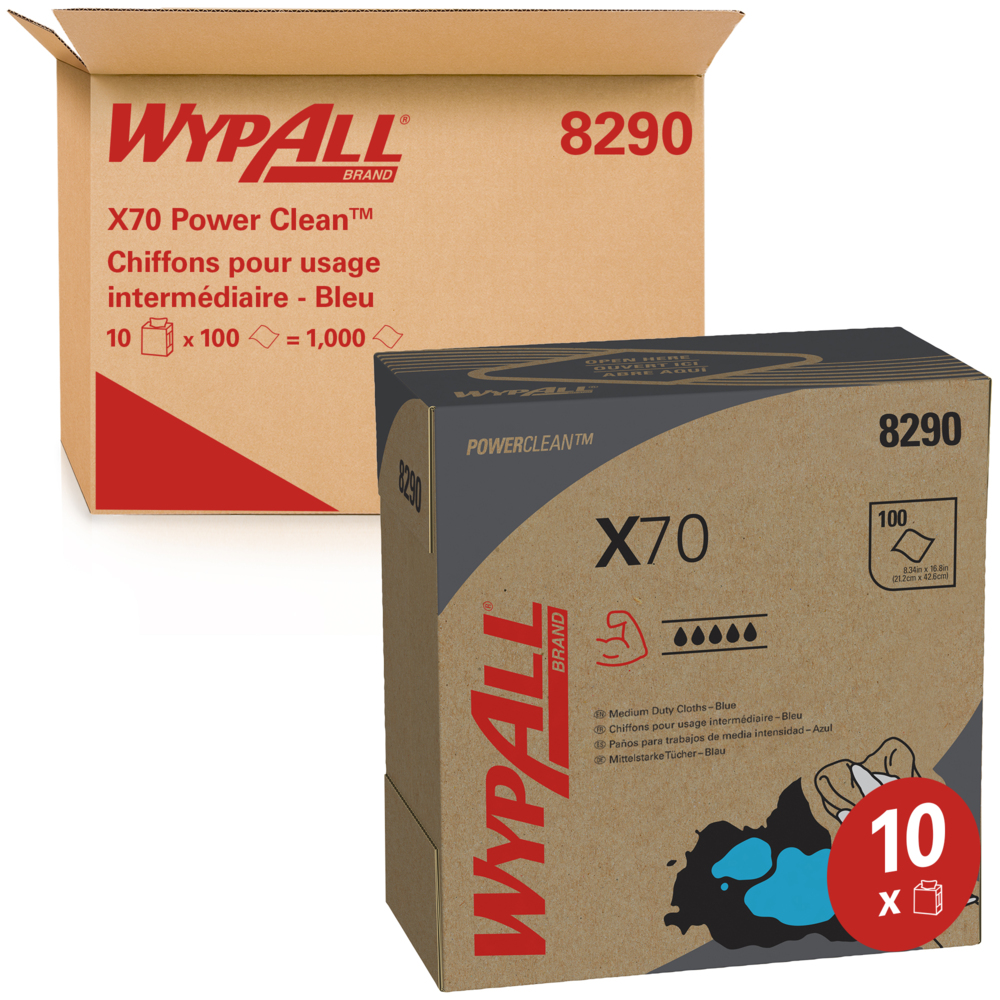 Chiffons de nettoyage bleus WypAll® X70 Power Clean™ 8290 – Chiffons réutilisables – 10 boîtes POP-UP™ de 100 chiffons absorbants bleus (1 000 au total) - 8290