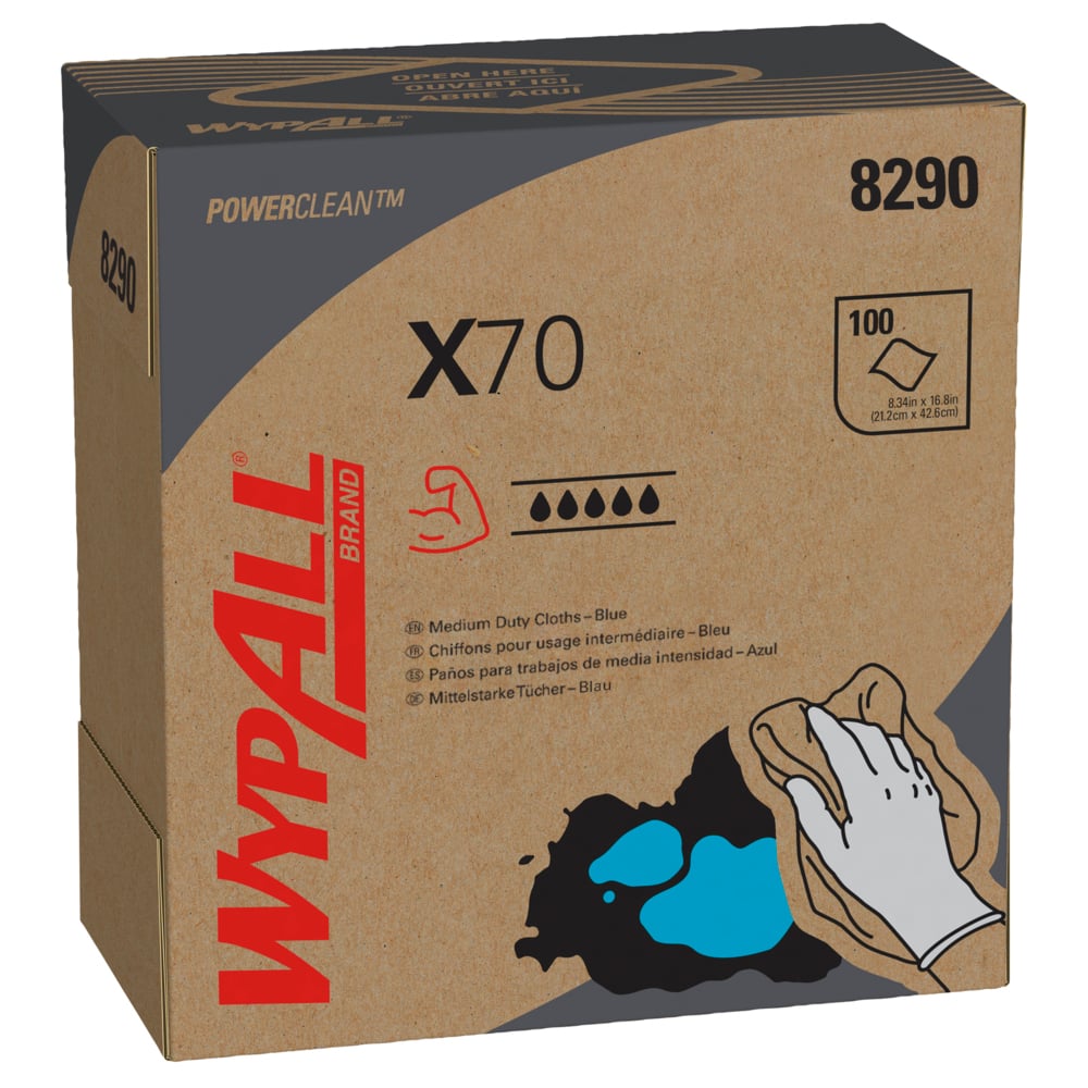 WypAll® X70 Power Clean™ blaue Reinigungstücher 8290 – wiederverwendbare Tücher – 10 POP-UP™-Boxen x 100 saugfähige Tücher, blau (insges. 1000);WypAll® X70 Reinigungstücher 8290 – 10 Zupfboxen mit je 100 blauen, 1-lagigen Tüchern - 8290