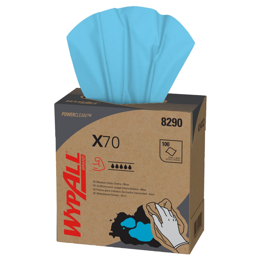 WypAll® X70 Power Clean™ blaue Reinigungstücher 8290 – wiederverwendbare Tücher – 10 POP-UP™-Boxen x 100 saugfähige Tücher, blau (insges. 1000);WypAll® X70 Reinigungstücher 8290 – 10 Zupfboxen mit je 100 blauen, 1-lagigen Tüchern - 8290