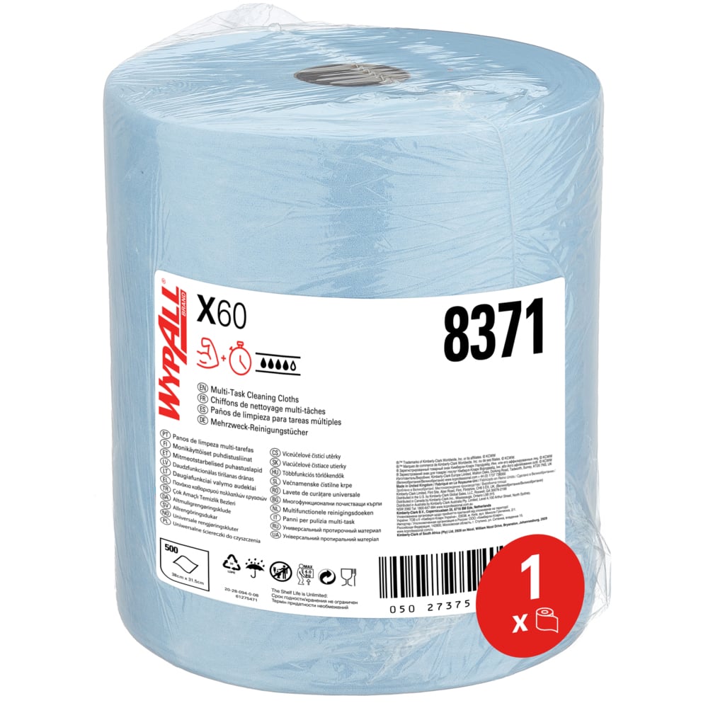 WypAll® X60 General Clean™ Large Roll Cloths 8371 - Blue Cleaning Cloths - 1 Large Blue Roll x 500 Blue, 1 Ply Cleaning Cloths - 8371