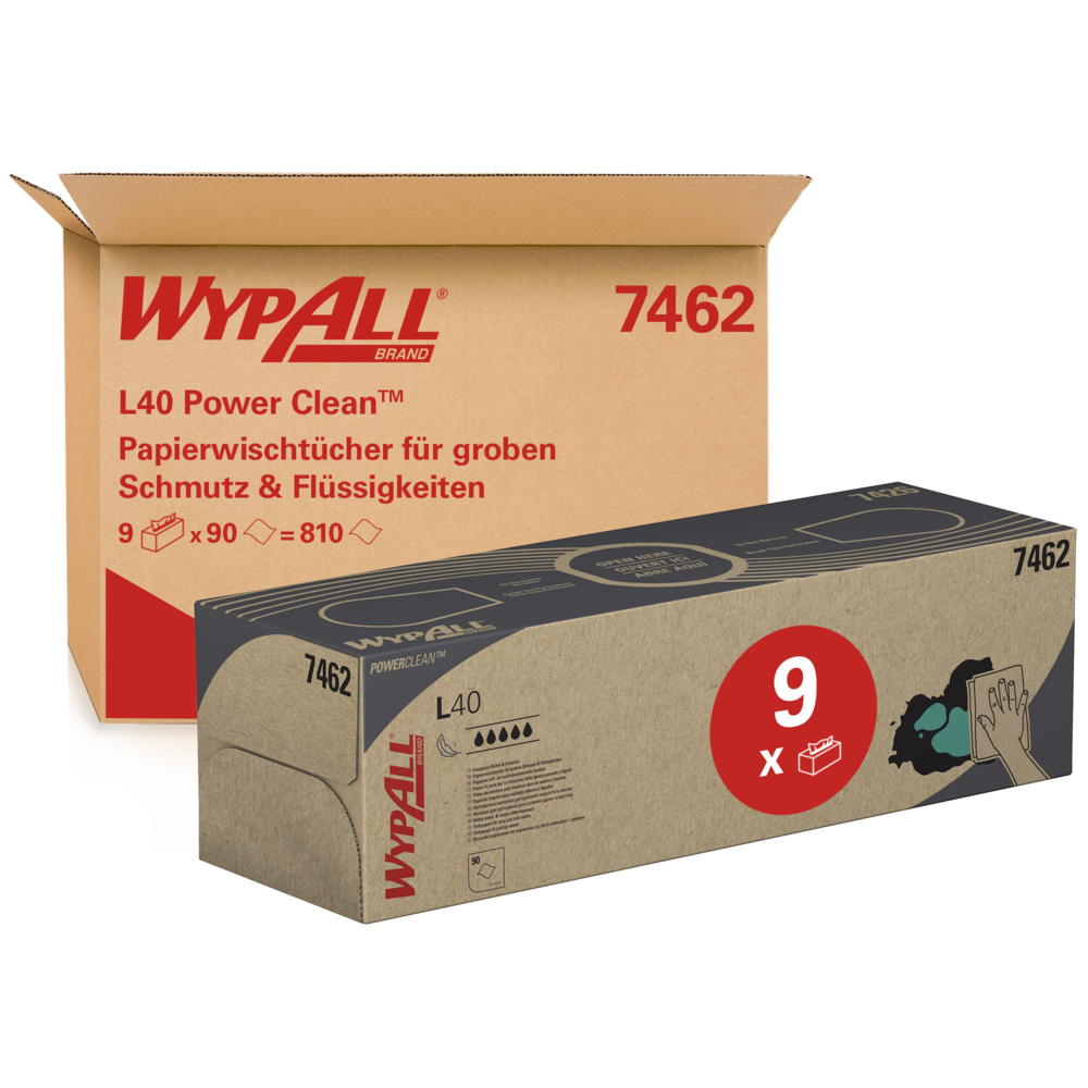 Boîtes d'essuyeurs WypAll® L40 Power Clean™ 7462 - 9 boîtes d'essuyeurs x 90 essuyeurs de nettoyage blancs - 7462