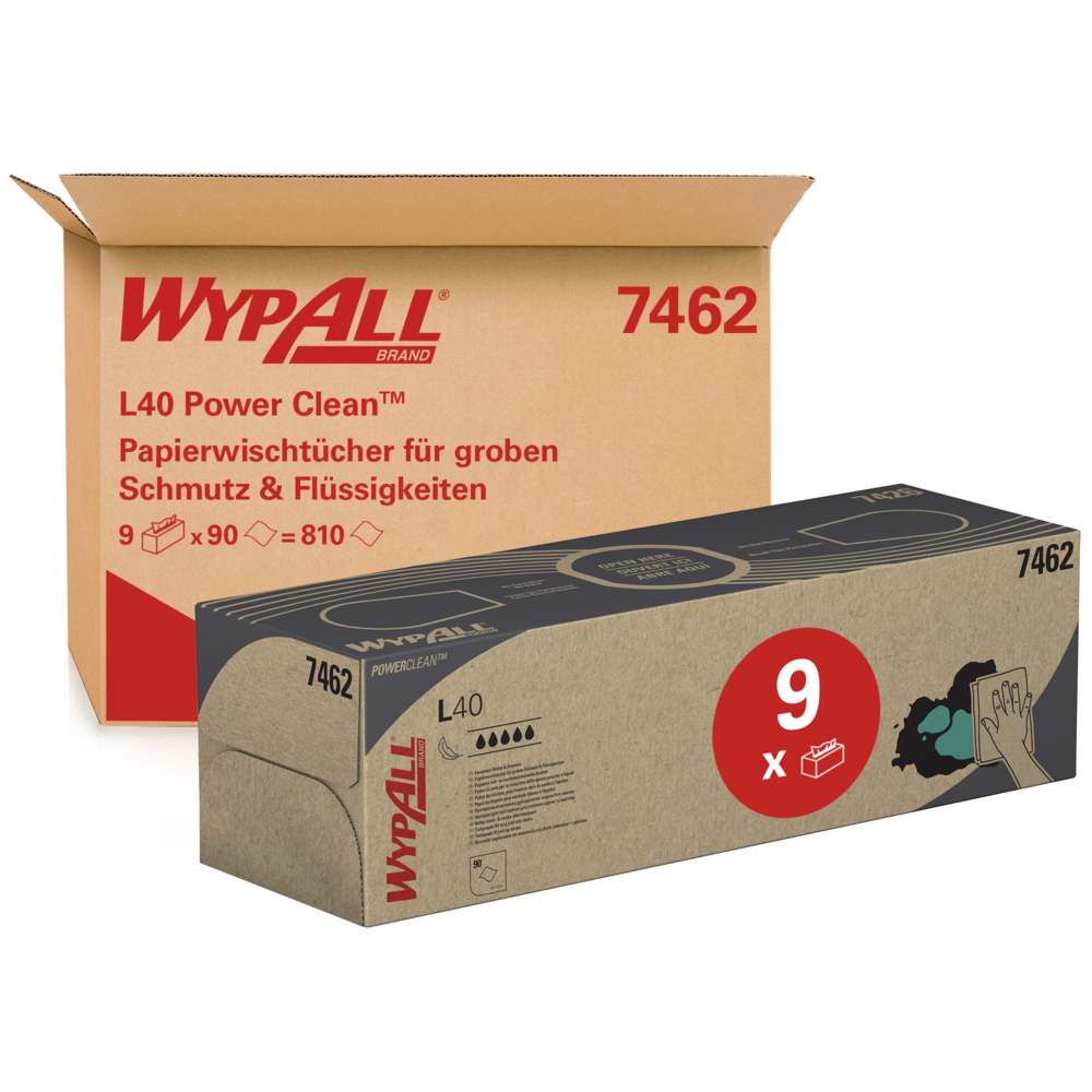 Pop-up-doos met WypAll® L40 Power Clean™-poetsdoeken 7462 - 9 dozen x 90 witte poetsdoeken - 7462