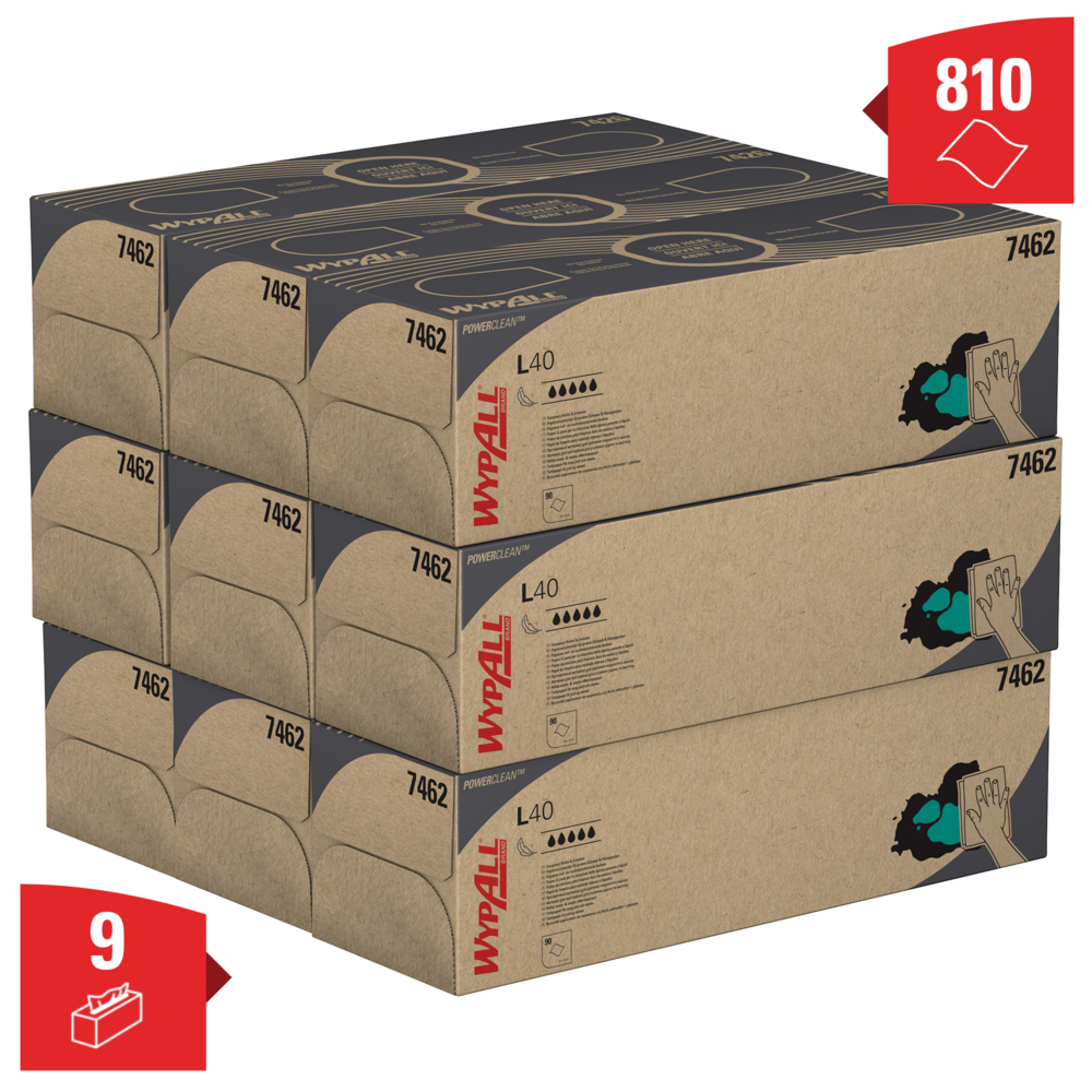 Pop-up-doos met WypAll® L40 Power Clean™-poetsdoeken 7462 - 9 dozen x 90 witte poetsdoeken - 7462