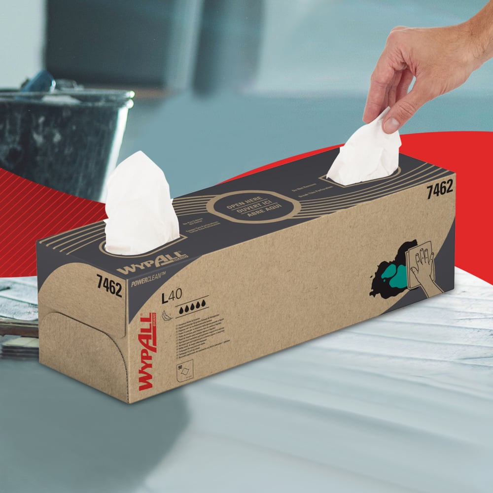 WypAll® L40 Power Clean™ Pop-Up Box Wipers 7462 - 9 Boxes of Wipes x 90 White Cleaning Wipes - 7462