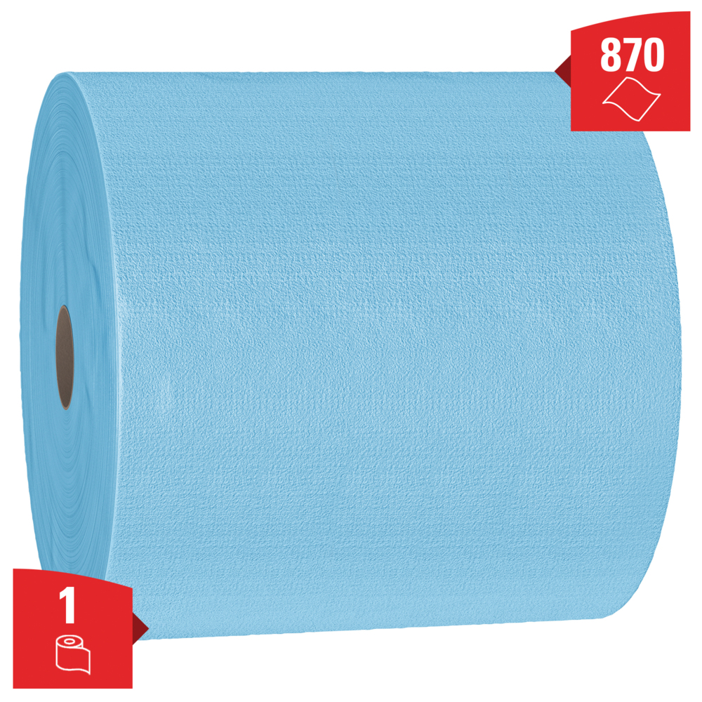 Chiffons de nettoyage WypAll® X70 Power Clean™ 8389 – Chiffons réutilisables – 1 grand rouleau bleu de 870 chiffons de nettoyage bleus - 8389