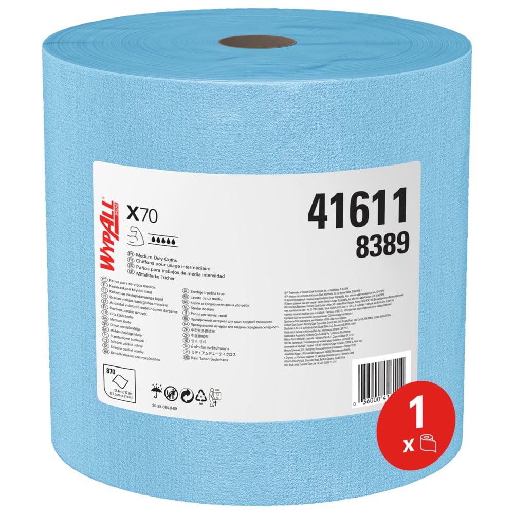 WypAll® X70 Power Clean™-poetsdoeken 8389 - herbruikbare poetsdoeken - 1 grote blauwe rol x 870 blauwe poetsdoeken - 8389