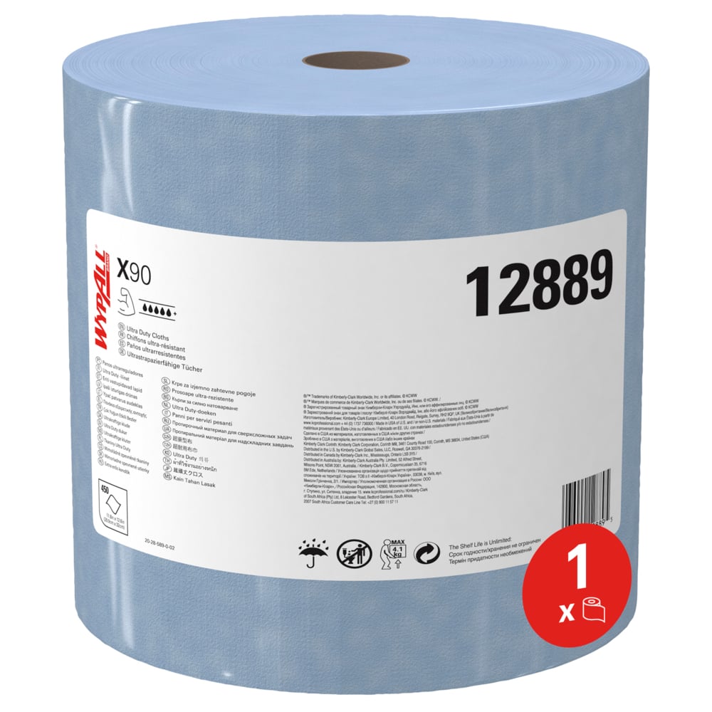 WypAll® X90 General Clean™-poetsdoeken 12889 - 1 grote rol x 450 blauwe 2-laagse poetsdoeken - 12889