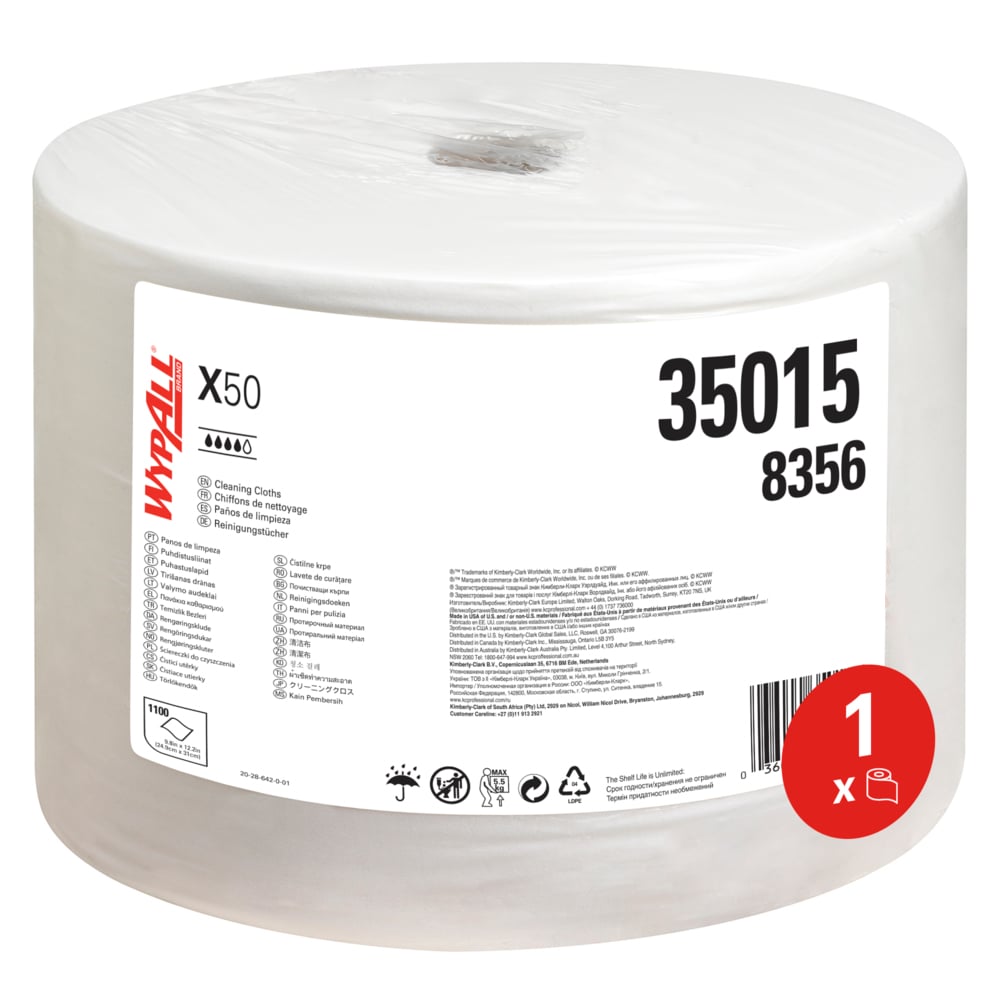 Herbruikbare WypAll® X50 General Clean™-poetsdoeken 8356 - 1 jumborol x 1100 witte industriële poetsdoeken - 8356