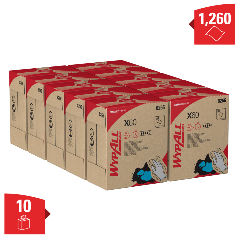 WypAll® X60 General Clean™-poetsdoeken 8266 - poetsdoeken - 10 POP-UP™-dozen x 126 witte poetsdoeken (1260 in totaal) - 8266