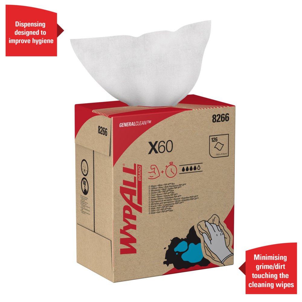 WypAll® X60 General Clean™-poetsdoeken 8266 - poetsdoeken - 10 POP-UP™-dozen x 126 witte poetsdoeken (1260 in totaal) - 8266