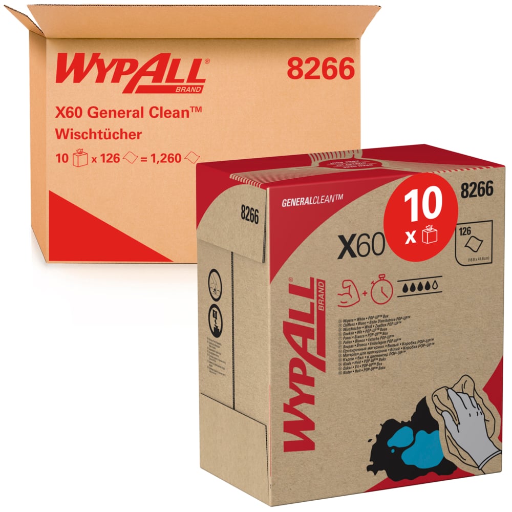 Chiffons WypAll® X60 General Clean™ 8266 - Chiffons de nettoyage - 10 boîtes distributrices POP-UP™ x 126 chiffons blancs (1 260 au total) - 8266