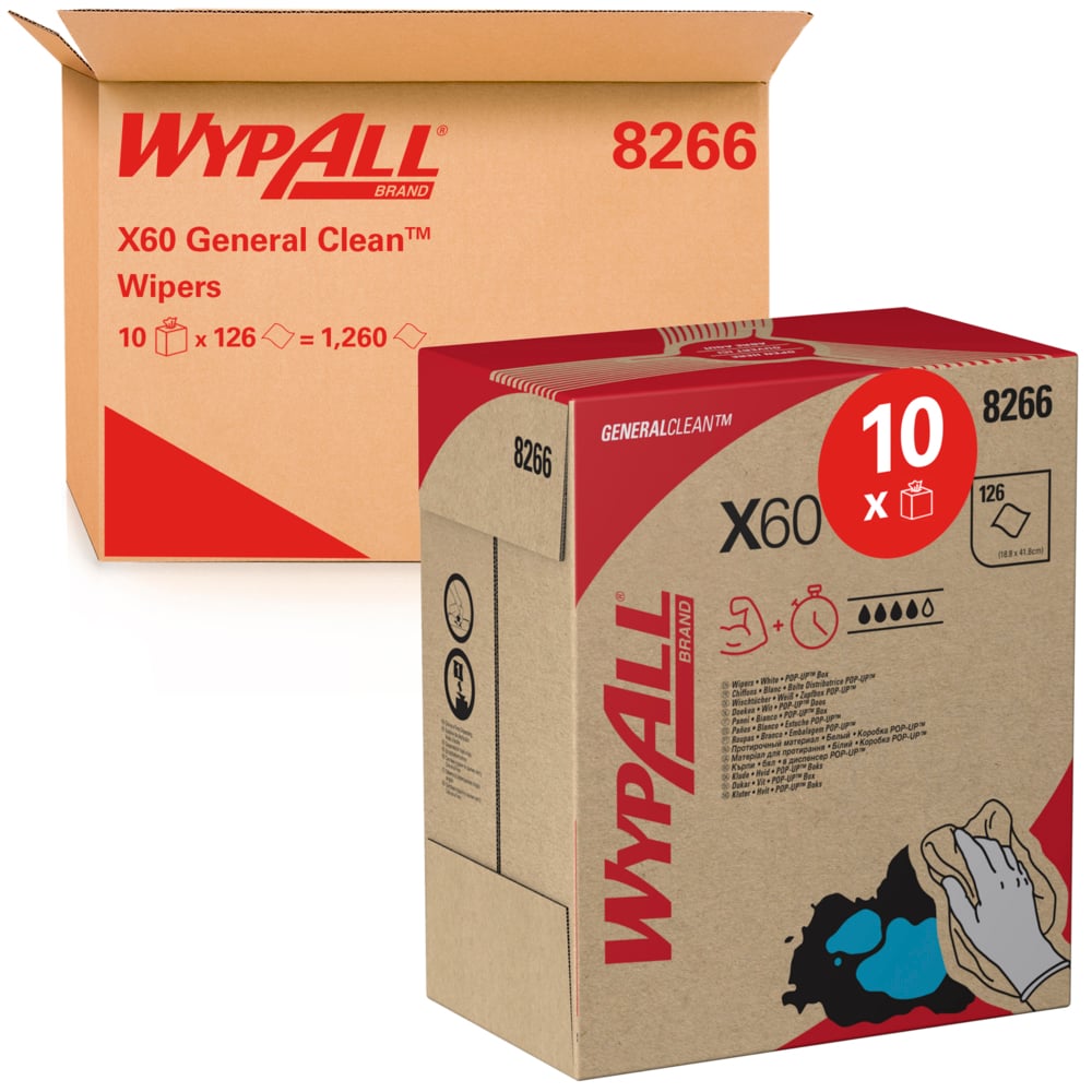 WypAll® X60 General Clean™ Reinigungstücher 8266 – Reinigungstücher – 10 POP-UP™-Boxen x 126 Reinigungstücher, weiß (insges. 1.260) - 8266