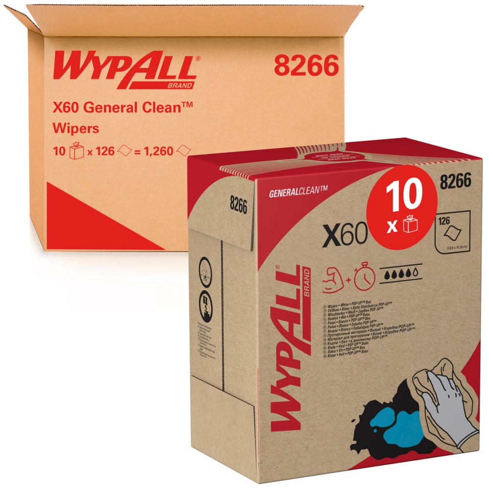 WypAll® X60 General Clean™ Cloths 8266 - Cleaning Cloths - 10 POP-UP™ Boxes x 126 White Wiping Cloths (1,260 total) - 8266