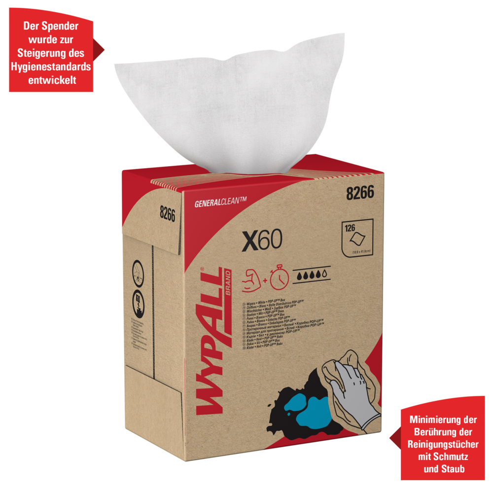 WypAll® X60 General Clean™-poetsdoeken 8266 - poetsdoeken - 10 POP-UP™-dozen x 126 witte poetsdoeken (1260 in totaal) - 8266