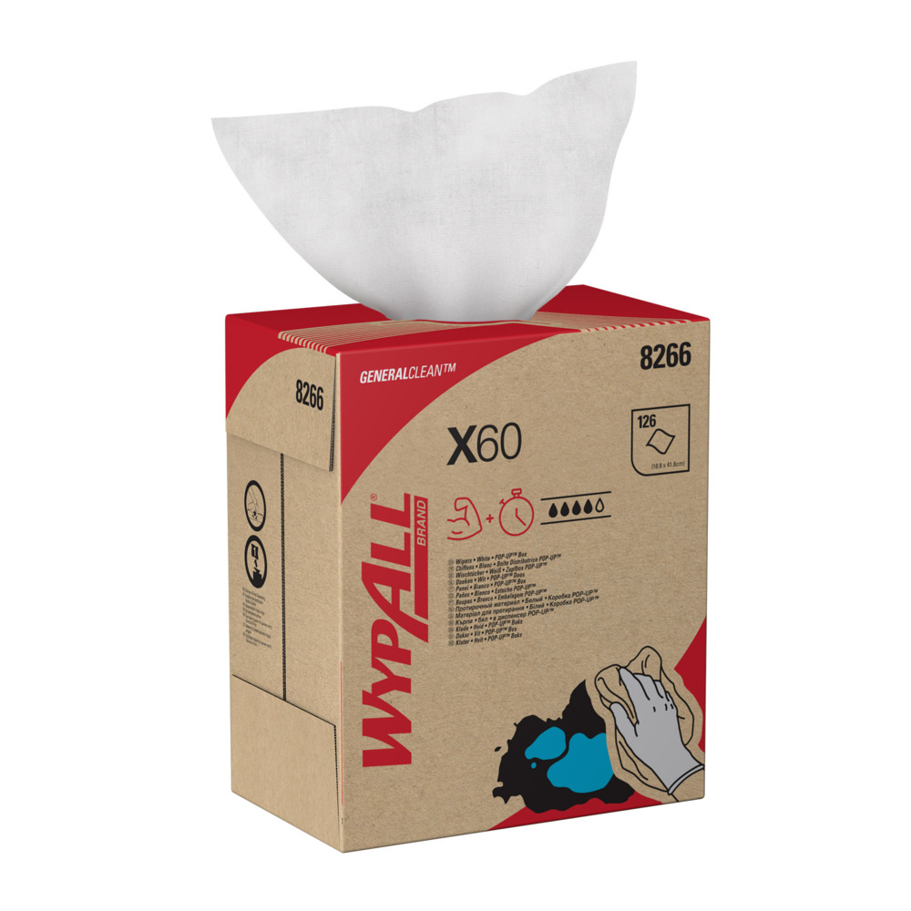 WypAll® X60 General Clean™ Cloths 8266 - Cleaning Cloths - 10 POP-UP™ Boxes x 126 White Wiping Cloths (1,260 total) - 8266