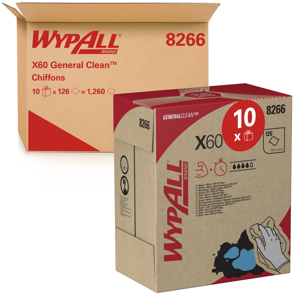 WypAll® X60 General Clean™-poetsdoeken 8266 - poetsdoeken - 10 POP-UP™-dozen x 126 witte poetsdoeken (1260 in totaal) - 8266