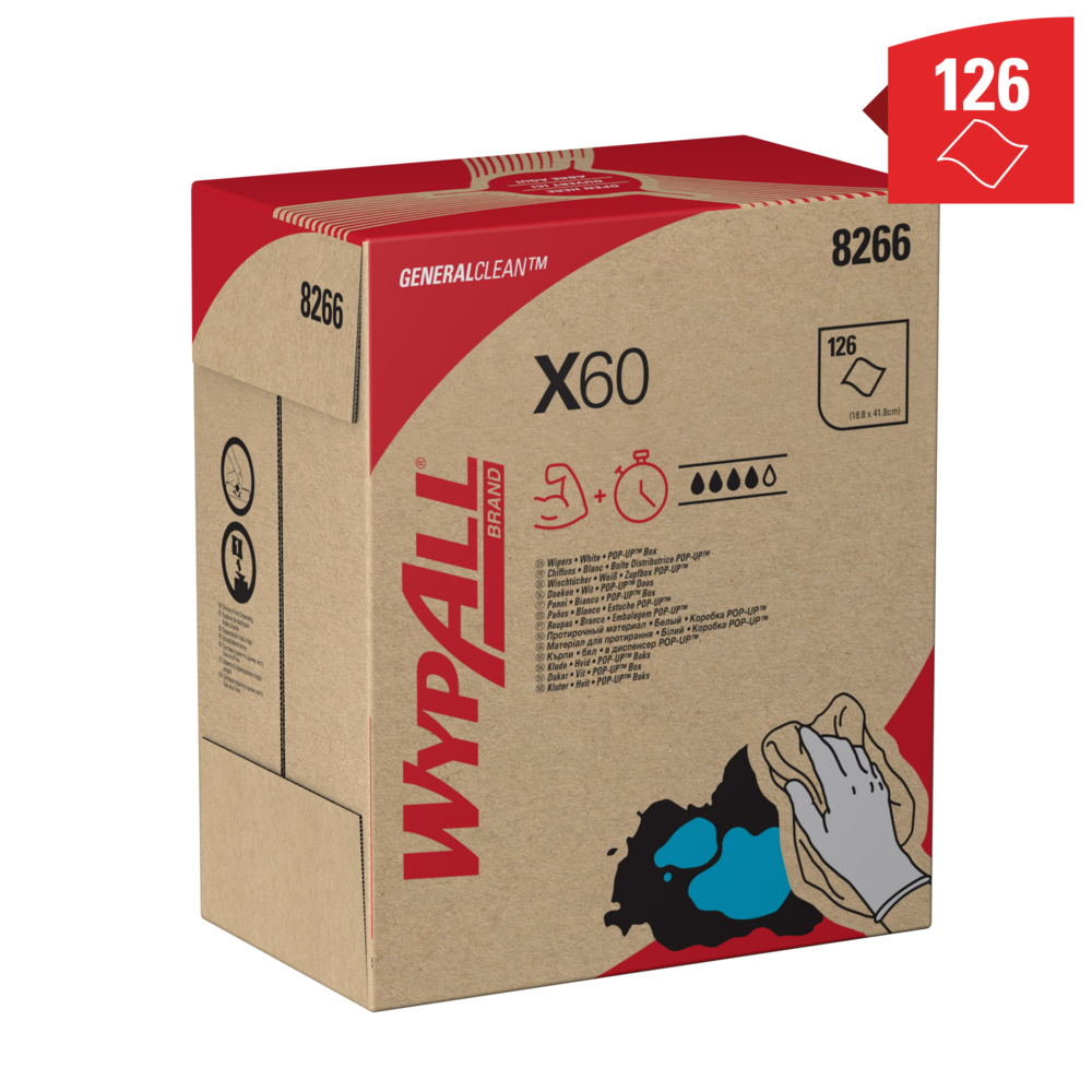 WypAll® X60 General Clean™-poetsdoeken 8266 - poetsdoeken - 10 POP-UP™-dozen x 126 witte poetsdoeken (1260 in totaal) - 8266