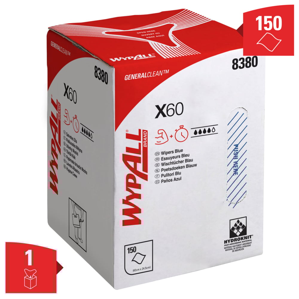 Paños WypAll® X60 General Clean™ 8380 - Paños de limpieza azules en rollo de dispensación central - 1 rollo de dispensación central x 150 paños industriales azules - 8380