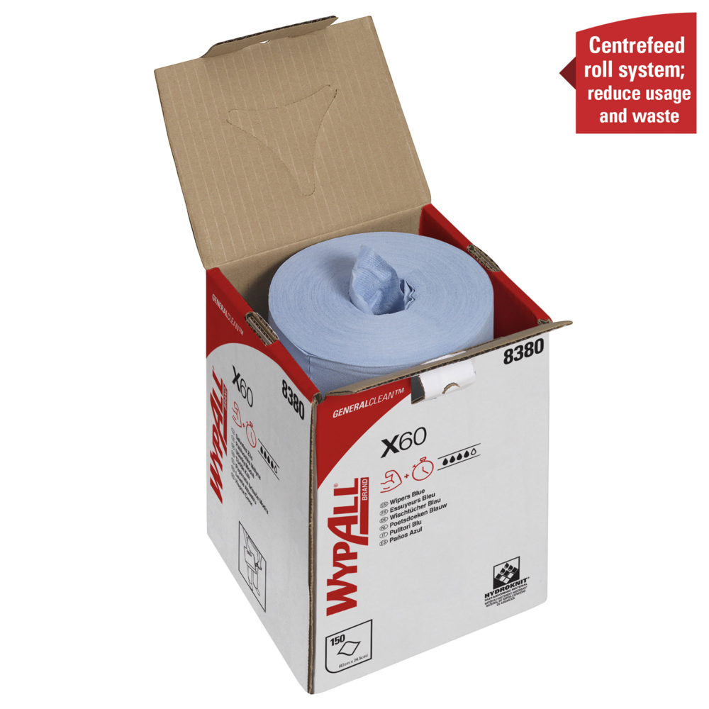 WypAll® X60 General Clean™-poetsdoeken 8380 - blauwe poetsdoeken voor centrefeed-rollen - 1 centrefeed-rol x 150 blauwe industriële poetsdoeken - 8380