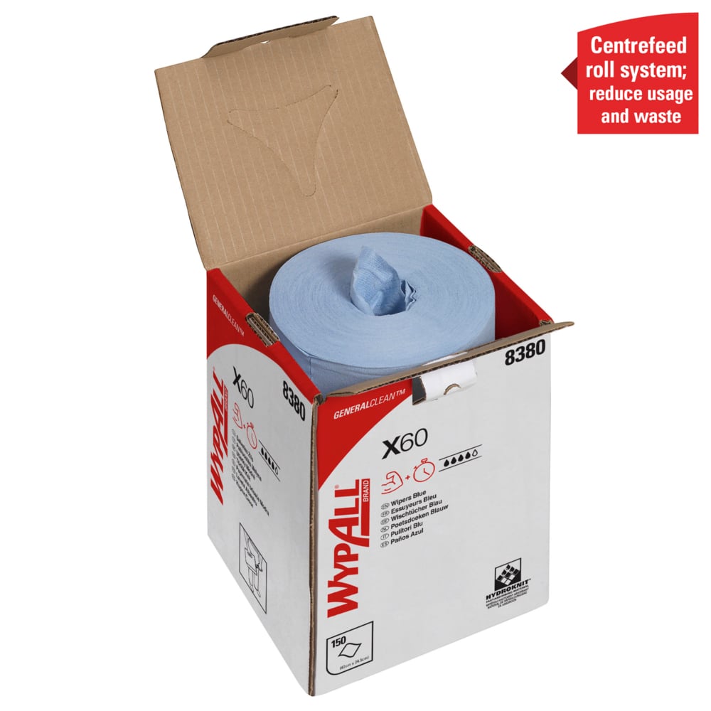 Paños WypAll® X60 General Clean™ 8380 - Paños de limpieza azules en rollo de dispensación central - 1 rollo de dispensación central x 150 paños industriales azules - 8380