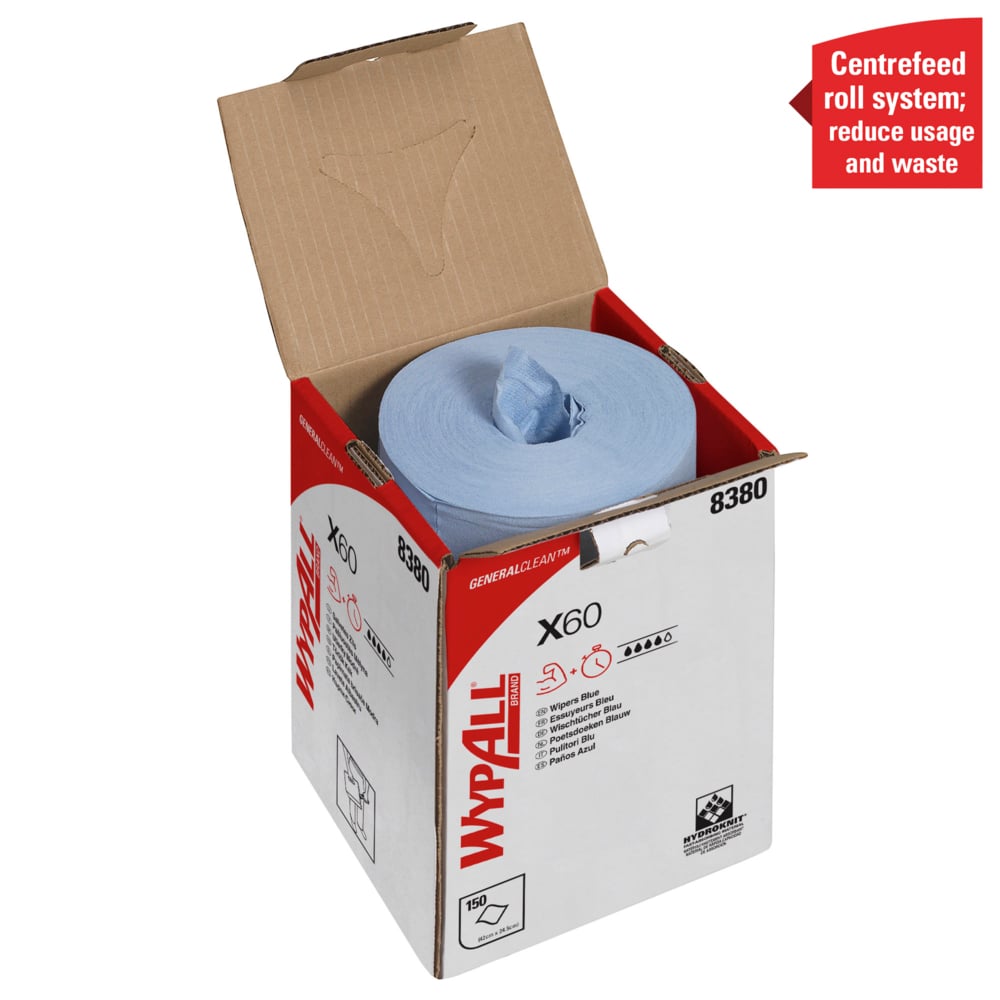 Essuyeurs WypAll® X60 General Clean™ 8380 - Essuyeurs de nettoyage bleus pour bobines à dévidage central - 1 bobine à dévidage central x 150 essuyeurs industriels bleus - 8380