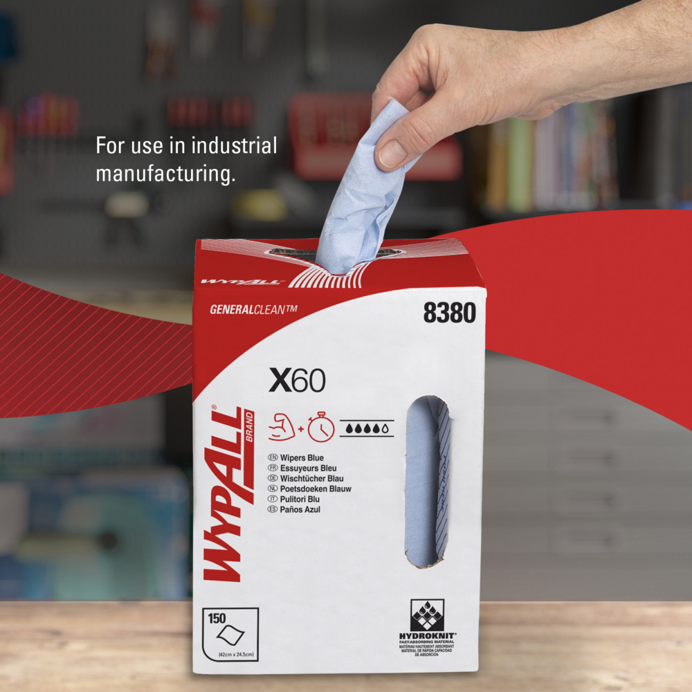 WypAll® X60 General Clean™-poetsdoeken 8380 - blauwe poetsdoeken voor centrefeed-rollen - 1 centrefeed-rol x 150 blauwe industriële poetsdoeken - 8380