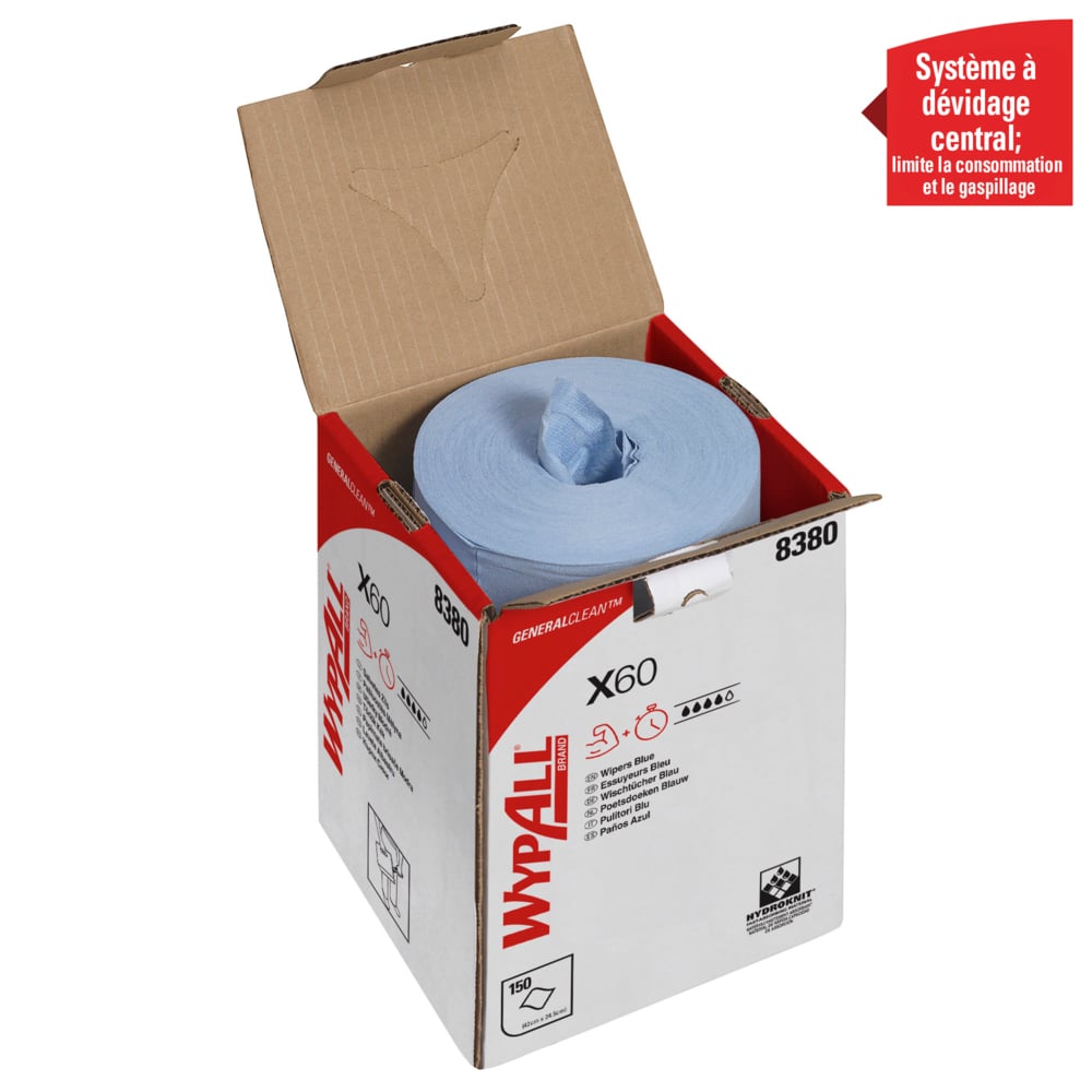 Essuyeurs WypAll® X60 General Clean™ 8380 - Essuyeurs de nettoyage bleus pour bobines à dévidage central - 1 bobine à dévidage central x 150 essuyeurs industriels bleus - 8380