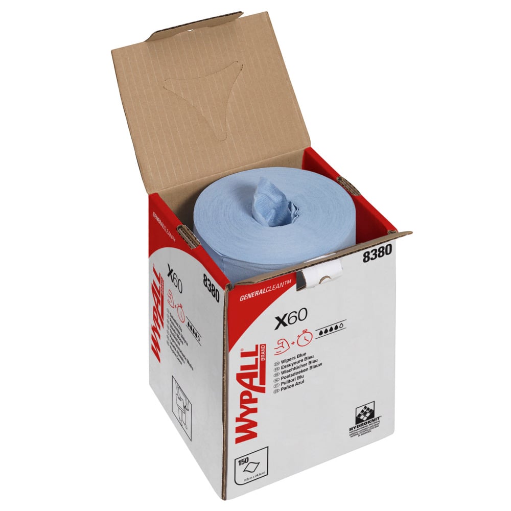 Essuyeurs WypAll® X60 General Clean™ 8380 - Essuyeurs de nettoyage bleus pour bobines à dévidage central - 1 bobine à dévidage central x 150 essuyeurs industriels bleus - 8380