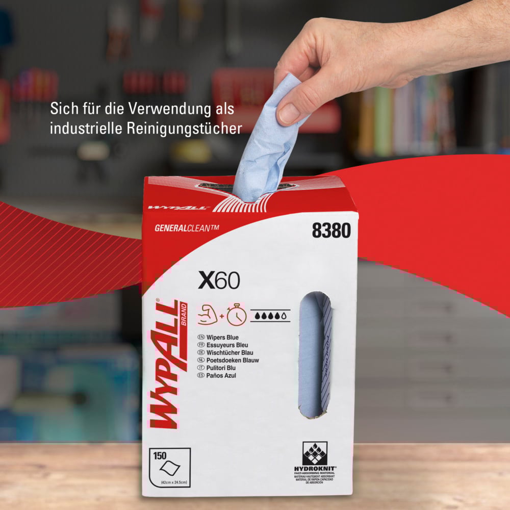 Paños WypAll® X60 General Clean™ 8380 - Paños de limpieza azules en rollo de dispensación central - 1 rollo de dispensación central x 150 paños industriales azules - 8380