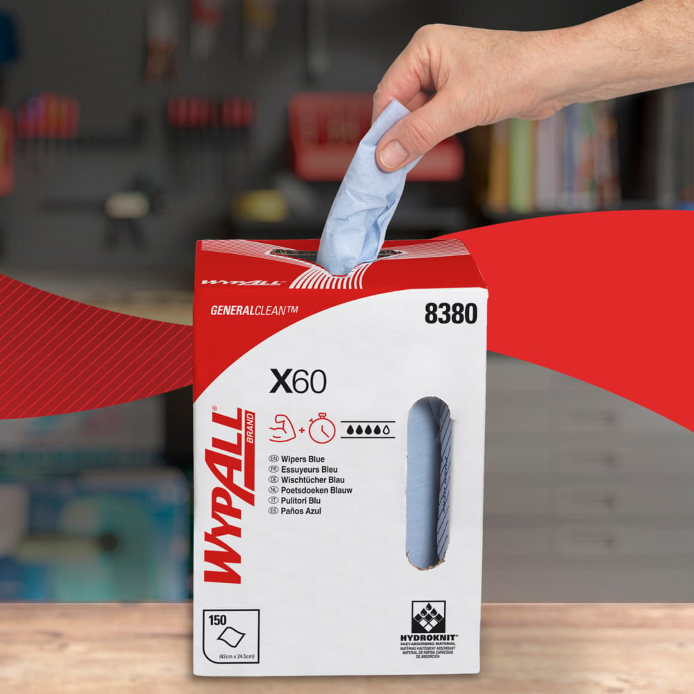 WypAll® X60 General Clean™ Reinigungstücher 8380 – Reinigungstücherrolle mit Zentralentnahme, blau – 1 Rolle mit Zentralentnahme x 150 blaue industrielle Reinigungstücher - 8380