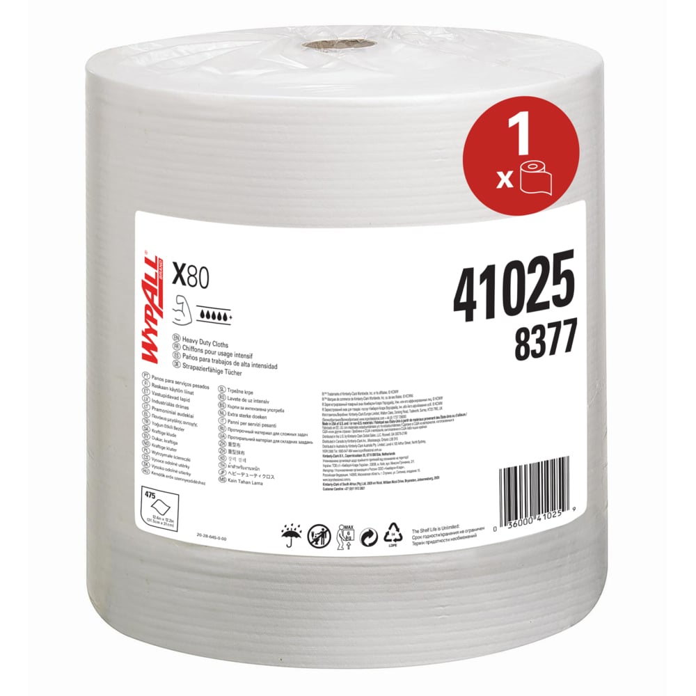 WypAll® X80 General Clean™-poetsdoeken 8377 - herbruikbare poetsdoeken - 1 grote poetsdoekrol x 475 absorberende witte poetsdoeken - 8377