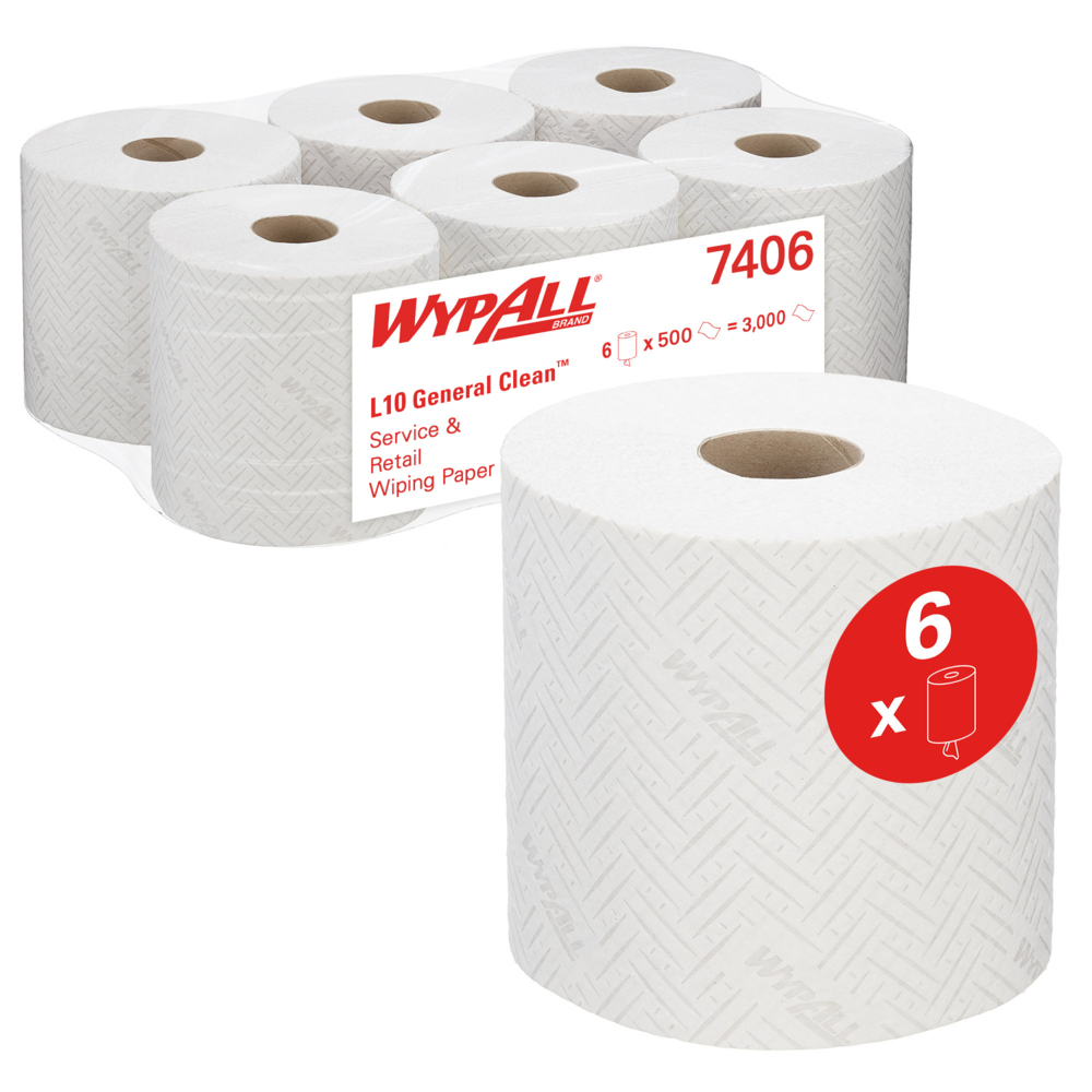WypAll® L10 Service & Retail Wiping Paper 7406 - Centrefeed Roll for Roll Control™ and ReachPlus™ Dispensers - 6 Wiper Rolls x 500 White Paper Wipers (3,000 total)