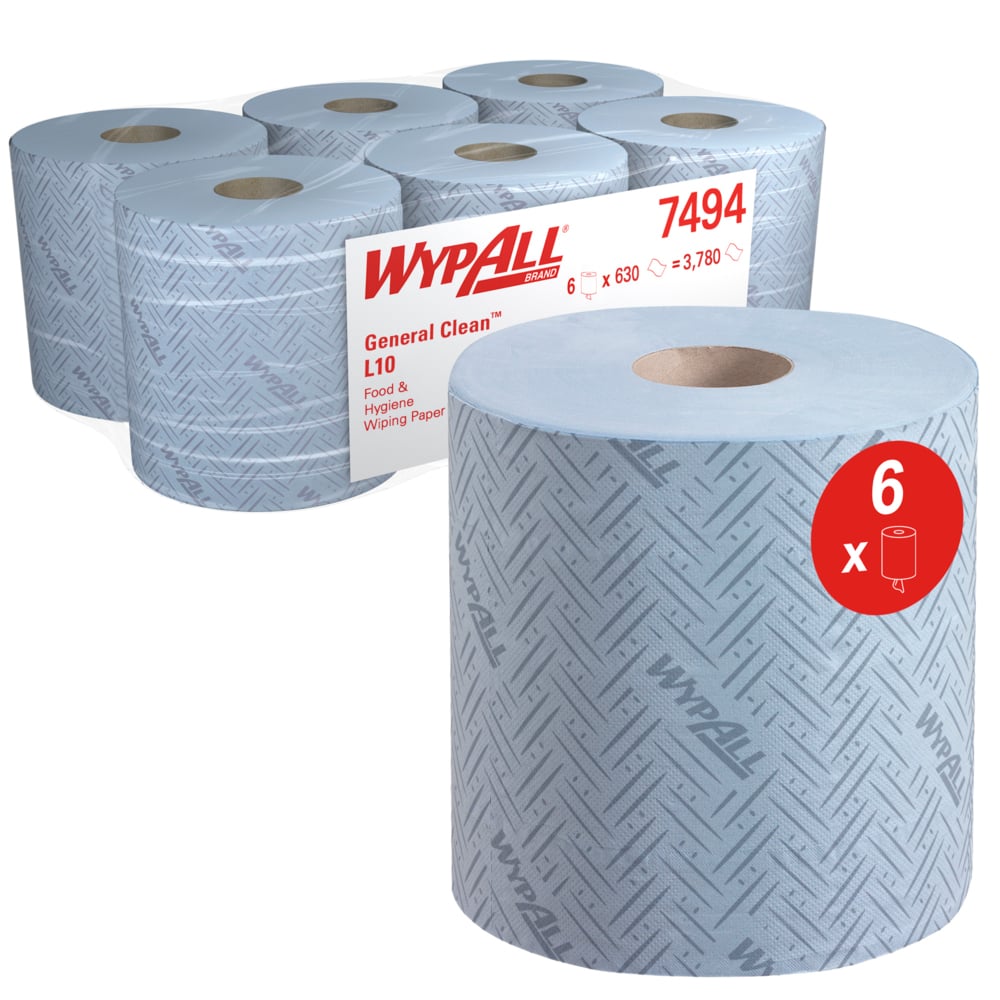 WypAll® L10 Papierreinigungstücher für Lebensmittel und Hygiene 7494 – Rolle mit Zentralentnahme für Roll Control™ und ReachPlus™ Spender – 6 blaue Rollen x 630 Papiertücher (insgesamt 3.780) - 7494