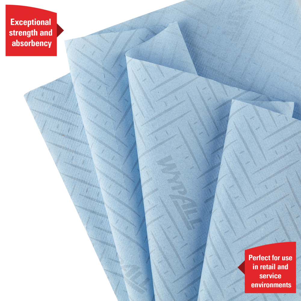 Essuyeurs en papier WypAll® General Clean™ Hygiène & Surfaces Alimentaires 7494 - Rouleau à dévidage central pour les distributeurs Reach PLUS™ et Roll Control™ - 6 rouleaux bleus de 630 essuyeurs en papier (3 780 pièces au total) - 7494