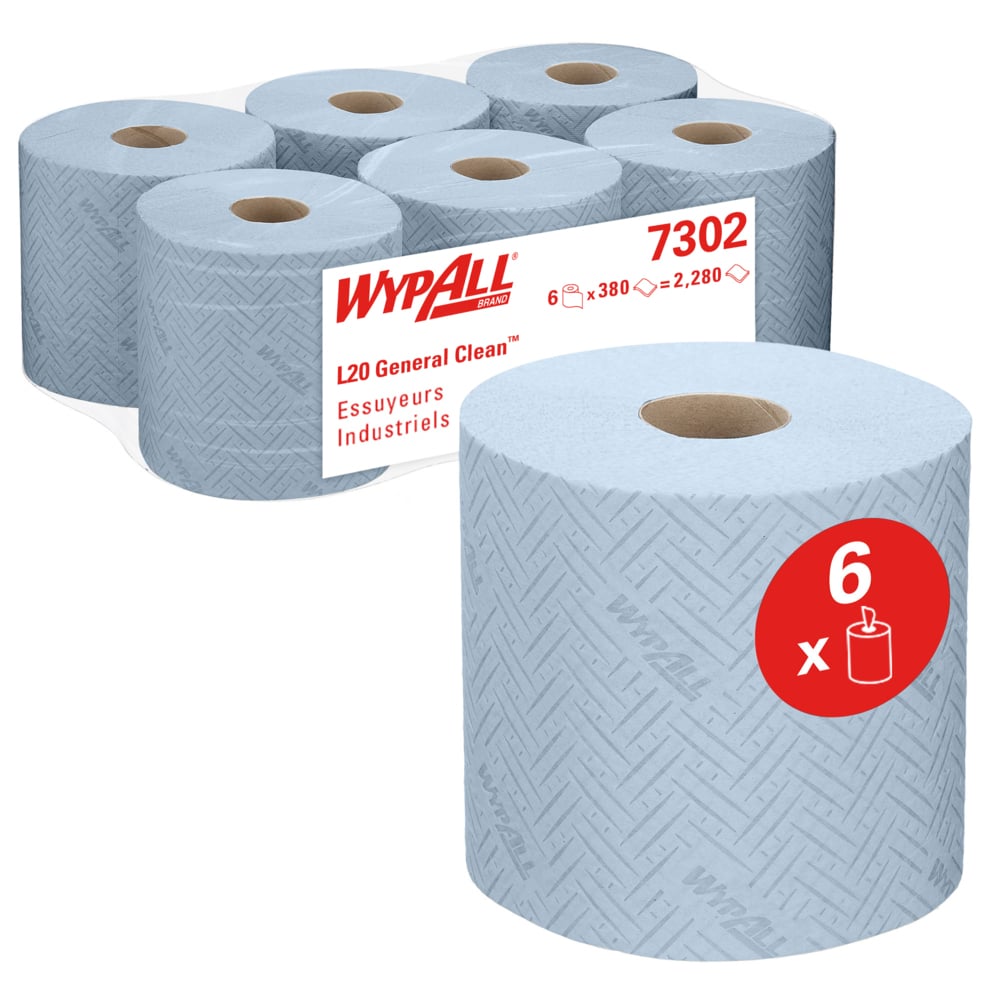 Essuyeurs Industriels WypAll® L20 7302, bobine à dévidage central pour Roll Control™, 6 rouleaux de 380 formats, 2 épaisseurs, bleus - 7302