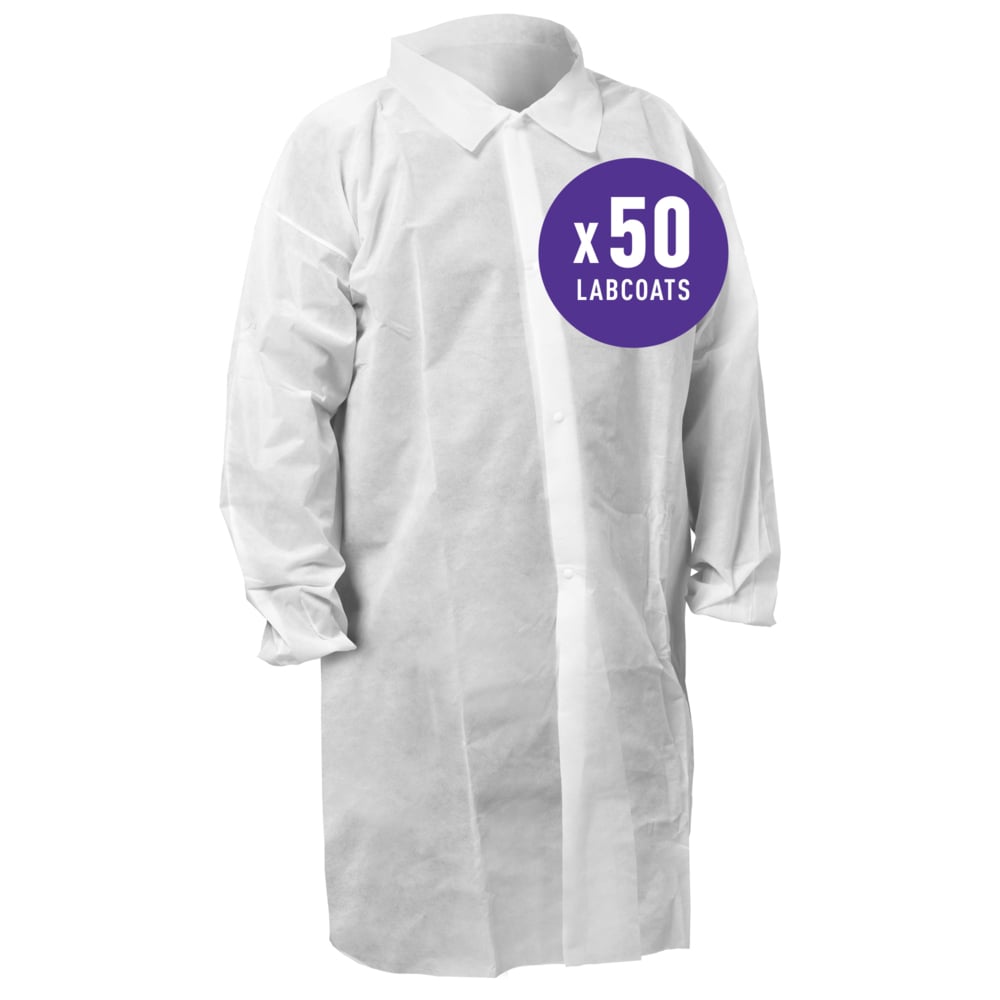KleenGuard™ KGA10 Standard Weight Lab Coat for Non-Hazardous Particulate Protection (67321), 4-Snap Closure, Elastic Wrists, No Pockets, White, XL (Qty 50) - 67321