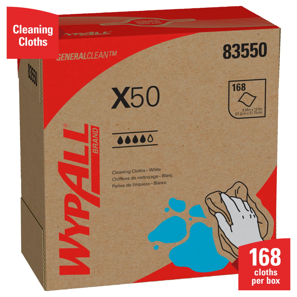 WypAll® GeneralClean™ X50 Cleaning Cloths (83550), Pop-Up Box, Strong for Extended Use, White (168 Sheets/Pack, 10 Packs/Case, 1,680 Sheets/Case) - 83550