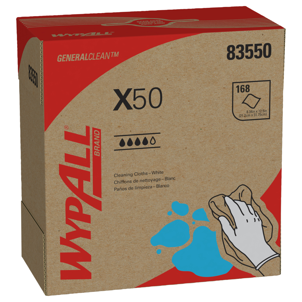 Chiffons de nettoyage WypAll® X50 General Clean (83550), boîte Pop-Up, blancs, 10 boîtes/caisse, 176 feuilles/boîte, 1 760 feuilles/caisse - 83550