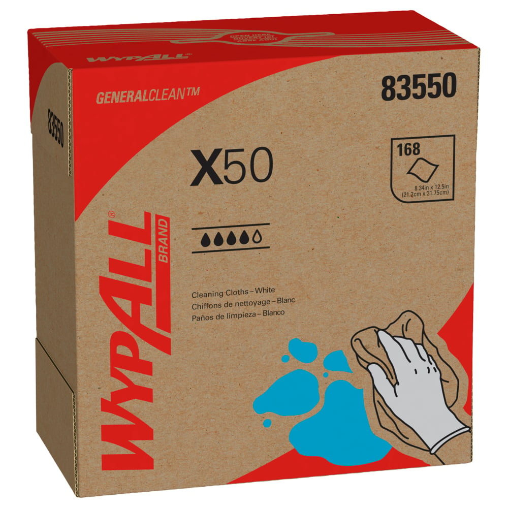 WypAll® GeneralClean™ X50 Cleaning Cloths (83550), Pop-Up Box, Strong for Extended Use, White (168 Sheets/Pack, 10 Packs/Case, 1,680 Sheets/Case) - 83550