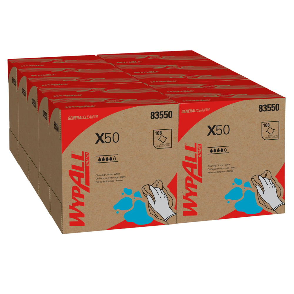 Chiffons de nettoyage WypAll® X50 General Clean (83550), boîte Pop-Up, blancs, 10 boîtes/caisse, 176 feuilles/boîte, 1 760 feuilles/caisse - 83550