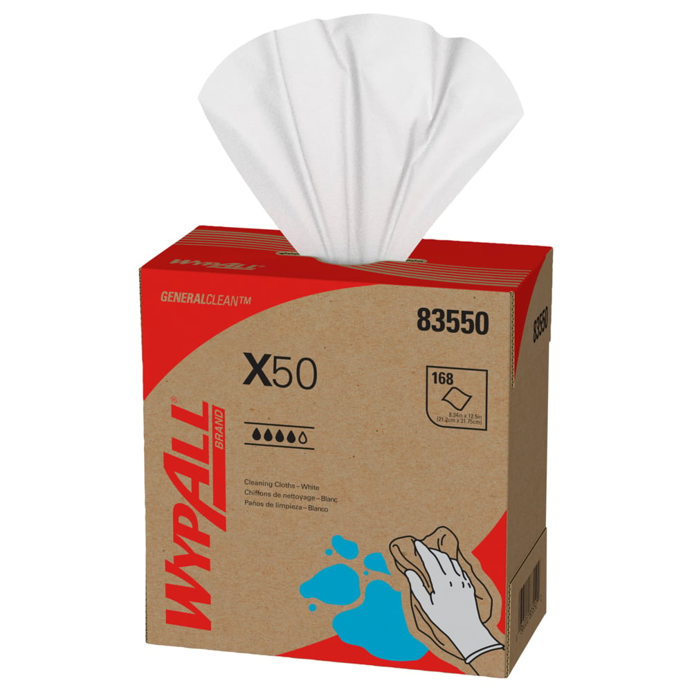 Chiffons de nettoyage WypAll® X50 GeneralClean™ (83550), boîte Pop-Up, blancs (10 boîtes/caisse, 168 feuilles/boîte, 1 680 feuilles/caisse) - 83550