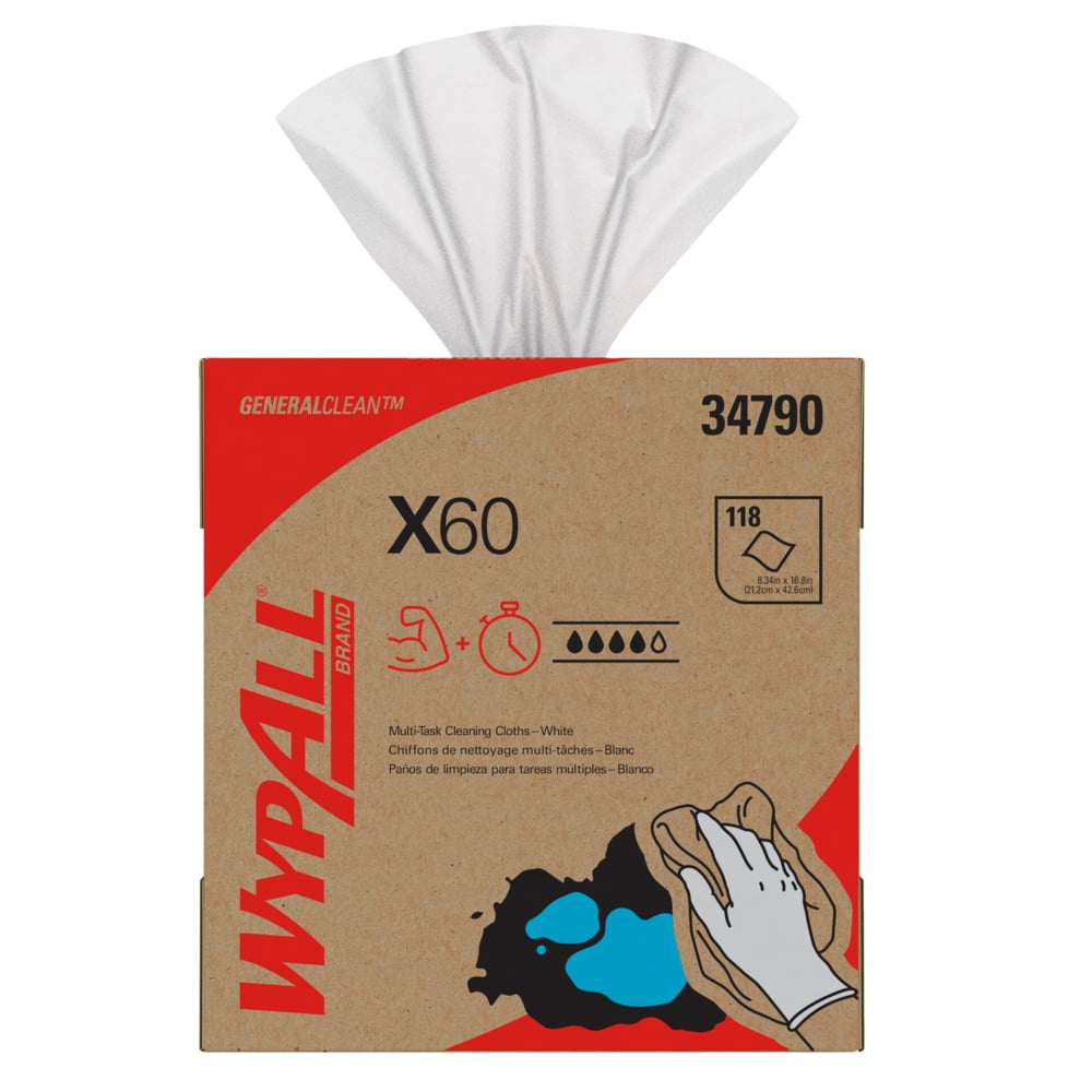 Chiffons de nettoyage multitâches WypAll® GeneralClean™ X60 (34790), boîte Pop-Up, chiffons résistants et absorbants, blancs (118 feuilles/boîte, 10 boîtes/caisse, 1 180 feuilles/caisse) - 34790