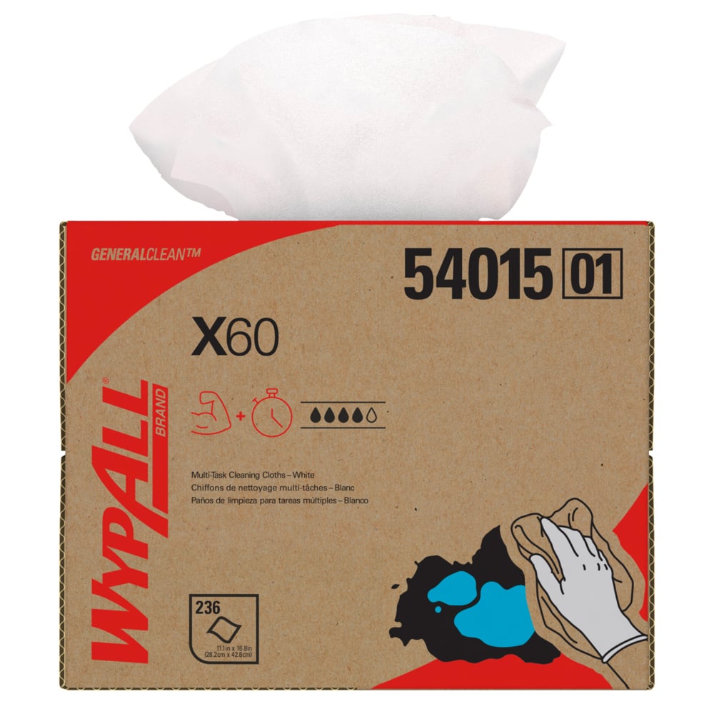 Chiffons de nettoyage multitâches WypAll® GeneralClean™ X60 (54015), boîte Brag, chiffons résistants et absorbants, blancs (236 feuilles/boîte, 1 boîte/caisse, 236 feuilles/caisse) - 54015