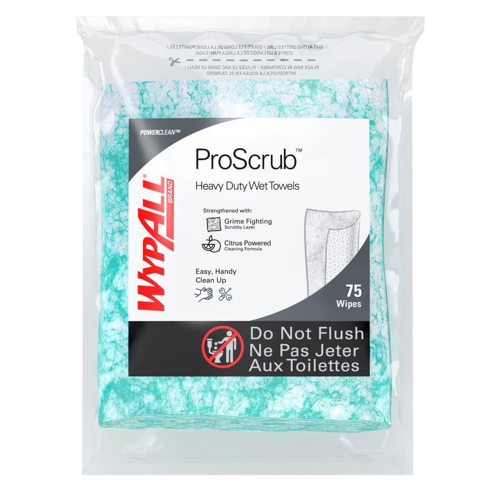 Chiffons humides d’atelier très résistants WypAll® PowerClean™ ProScrub™ (91367), nettoyage à double action, grands chiffons de 24,13 cm x 30,48 cm (9,5 po x 12 po), recharge uniquement (75 feuilles/paquet, 6 paquets/caisse, 450 feuilles/caisse) - 91367
